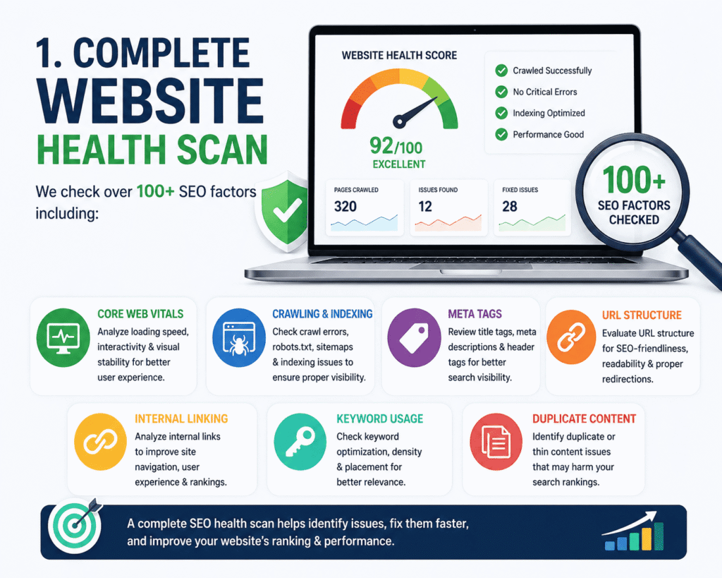 Website SEO audit services in Mumbai showing complete website health scan including Core Web Vitals, crawling and indexing, meta tags, URL structure, internal linking, keyword usage, and duplicate content analysis.