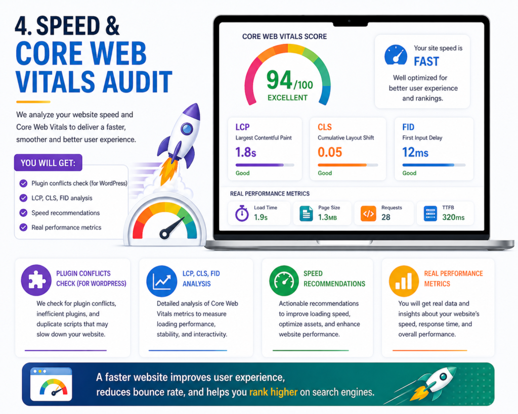 Website speed analyzing Core Web Vitals and performance metrics
