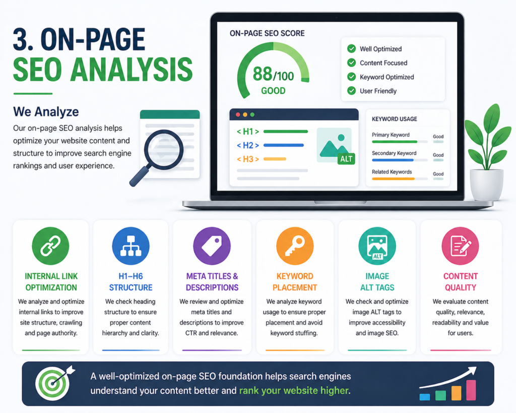 On-page SEO analysis including headings, meta tags, keywords, and content optimization