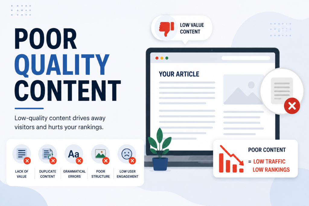 Poor quality content reducing search engine rankings, website traffic, and user engagement.