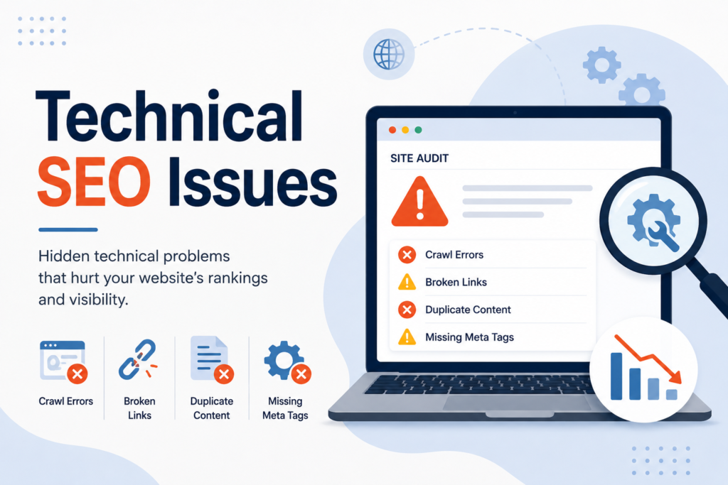 Technical SEO issues including crawl errors, broken links, and duplicate content affecting rankings.