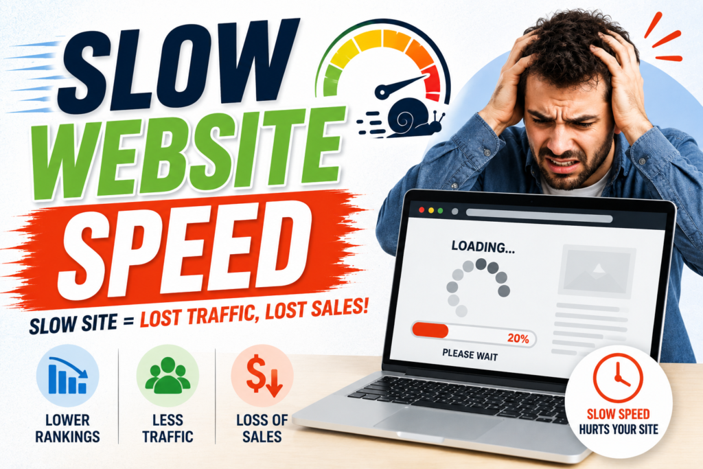 Slow website speed impacting SEO performance, user experience, and search rankings.